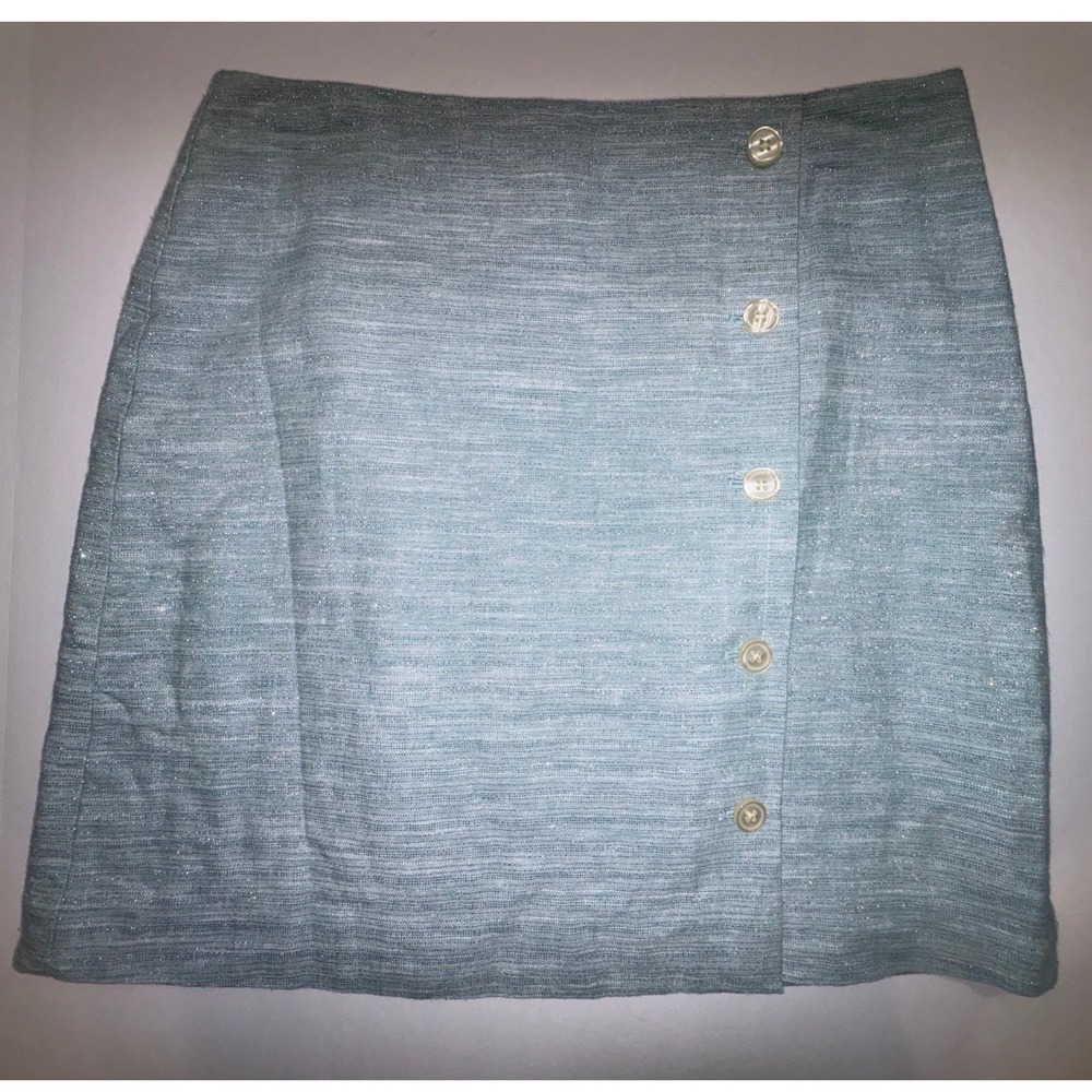 LOFT Light Blue Tweed Sparkle A-Line Button Front Mini Skirt Size 6